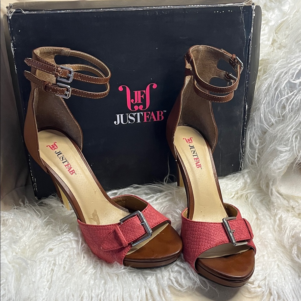 JustFab Coral and Brown Ankle Strap Heels